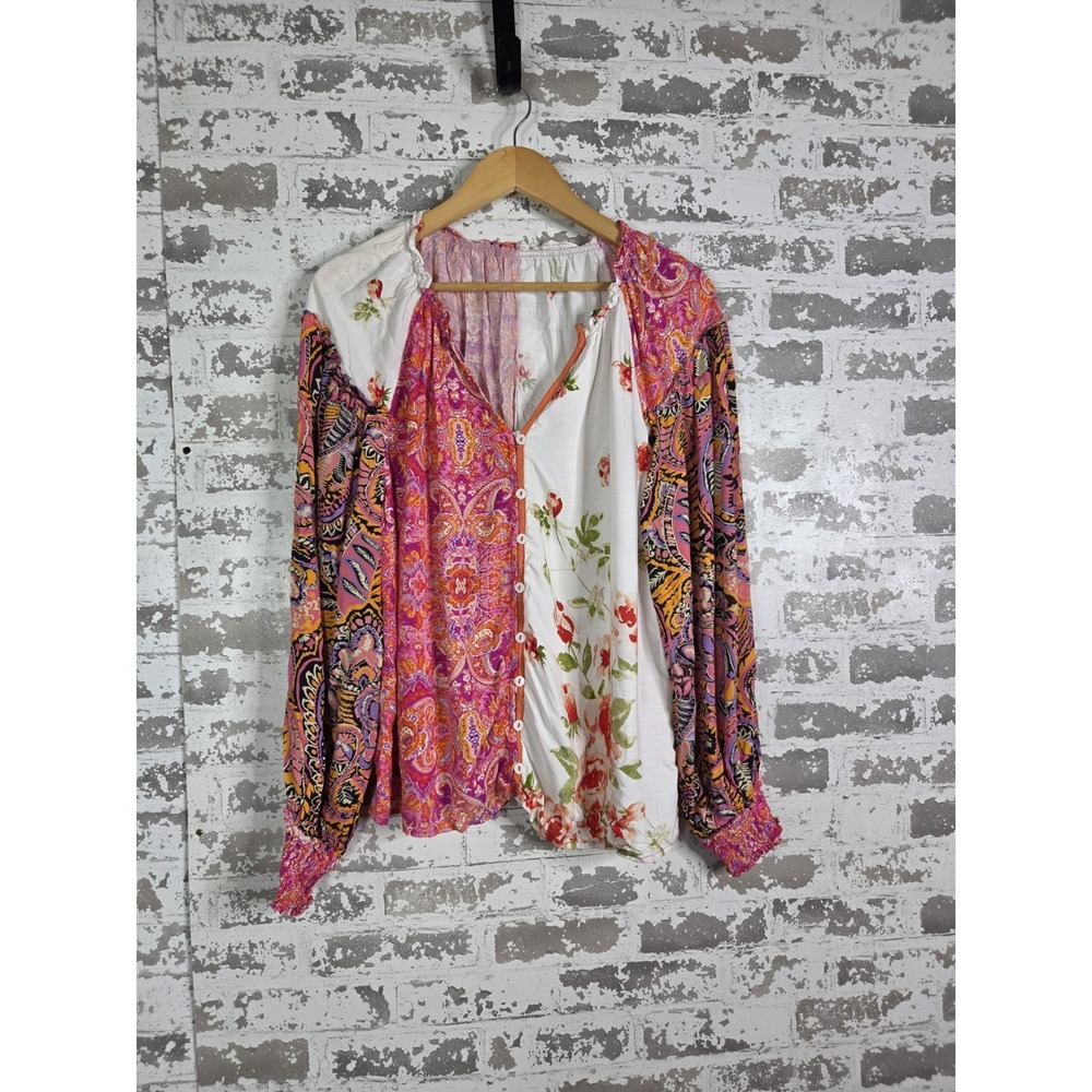 Boho Peasant Patchwork Mixed Print Button Up Blouse Large Puff Sleeves Eclectic